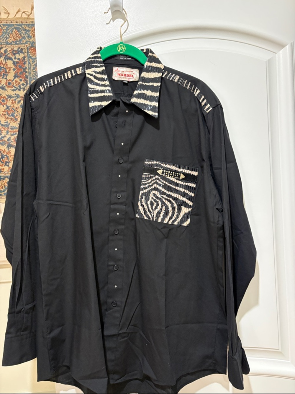 Vintage Mardel Black Button-Up Shirt with beaded Zebra Trim pockets Sz M